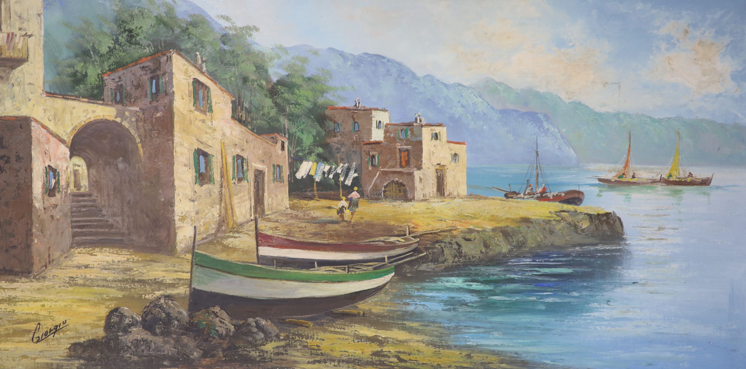 Giorgio, oil on canvas, Italian coastal landscape, signed, 59x 120cm
